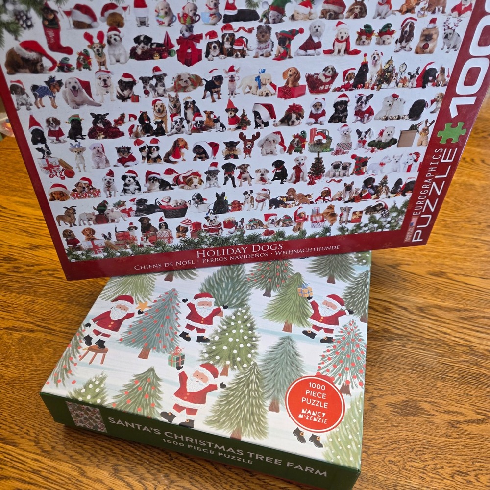 Christmas Jigsaw Puzzle Lot of 2 1000 Piece Santa Tree Farm Holiday Dogs Family